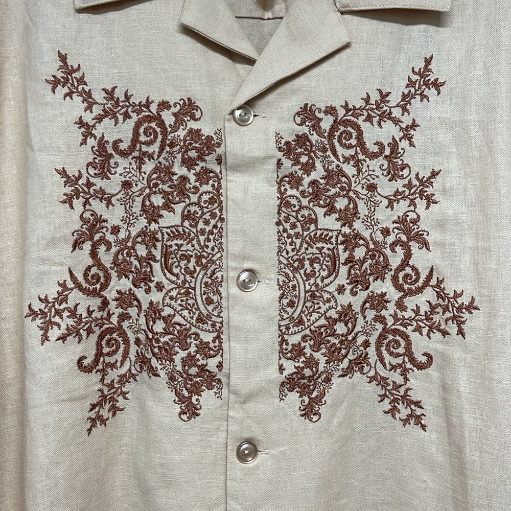 Mason Signature Almond Sienna Embroidered Linen Blend Button Down Shirt - Picture 3 of 7